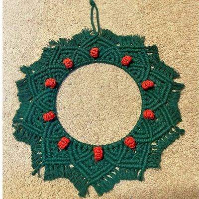 Alternate image for Macrame Christmas Wreath, Green and Red Cotton Cord Indoor Wreath