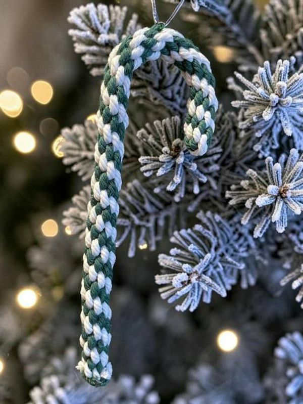 Alternate image for Macrame Handwoven Candy Cane Ornaments – Set of 2, Red and Green Christmas Boho Holiday Decor