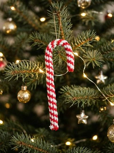 Alternate image for Macrame Handwoven Candy Cane Ornaments – Set of 2, Red and Green Christmas Boho Holiday Decor
