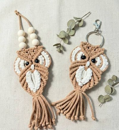 Alternate image for Handmade Macrame Owl Keychain,  Owl Lover Gift Topper, Christmas  Ornament
