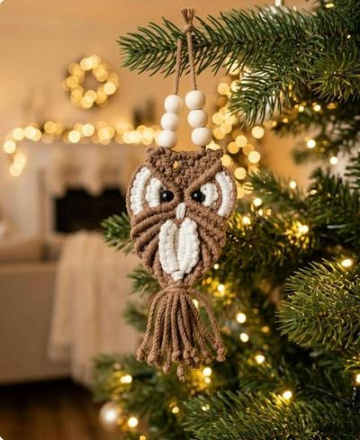 Alternate image for Handmade Macrame Owl Keychain,  Owl Lover Gift Topper, Christmas  Ornament