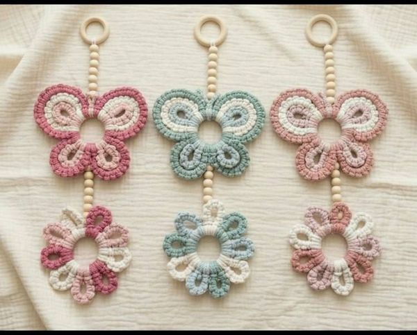 Alternate image for Macrame Butterfly & Flower Nursery Wall Art - Whimsical Baby Room Decor