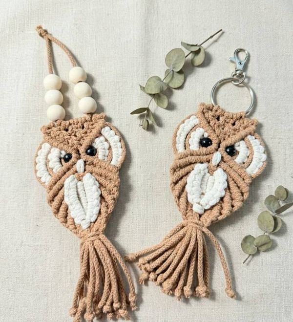 Alternate image for Handmade Macrame Owl Key chain, Owl Lover Gift Topper, Christmas Ornament, Key Holder