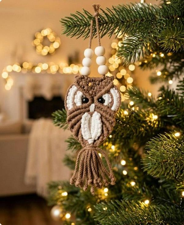 Alternate image for Handmade Macrame Owl Key chain, Owl Lover Gift Topper, Christmas Ornament, Key Holder