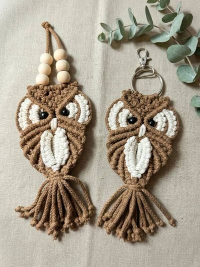 Alternate image for Handmade Macrame Owl Key chain, Owl Lover Gift Topper, Christmas Ornament, Key Holder