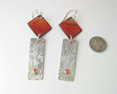 Alternate image for Carnelian Gemstone Sunset Orange Earrings with Silver Bar