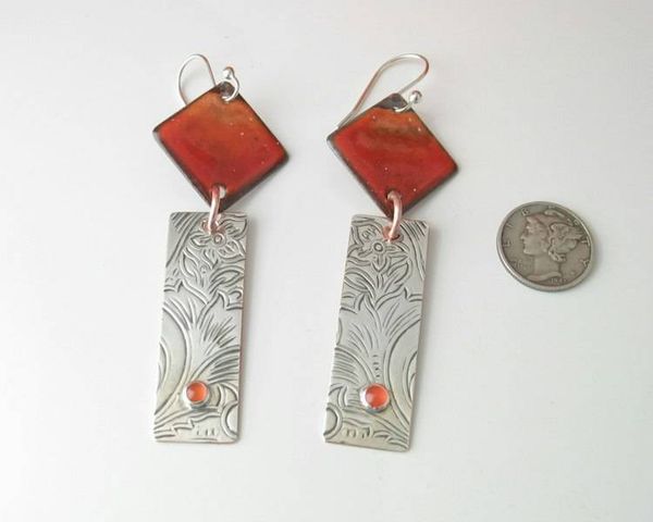 Alternate image for Carnelian Gemstone Sunset Orange Earrings with Silver Bar