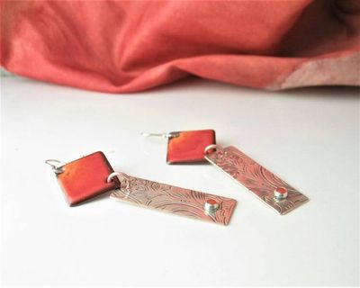 Alternate image for Carnelian Gemstone Sunset Orange Earrings with Silver Bar