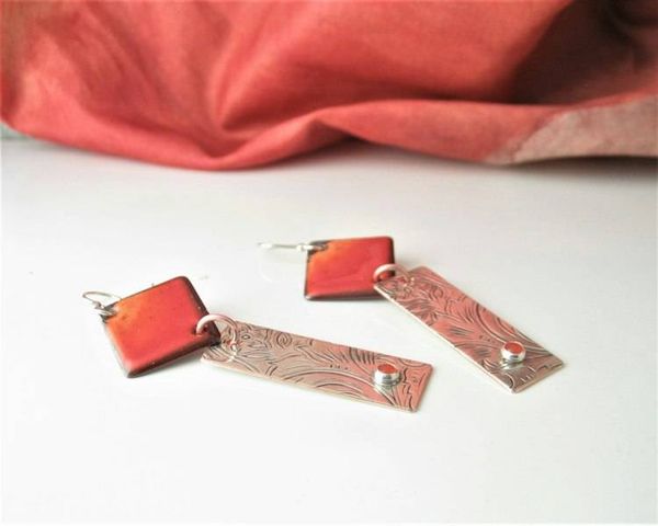 Alternate image for Carnelian Gemstone Sunset Orange Earrings with Silver Bar