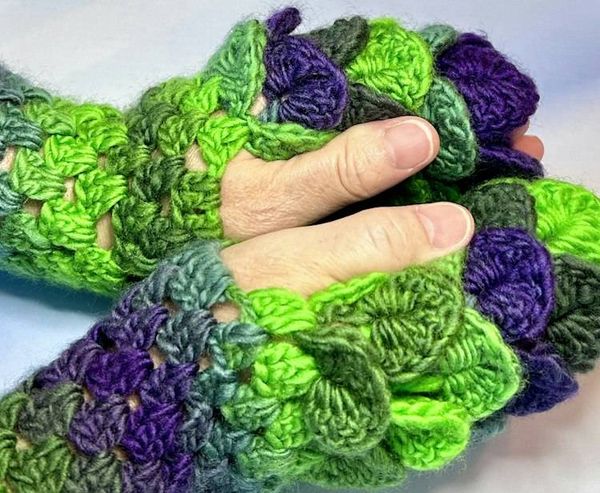 Alternate image for Crocheted Dragon Scale Fingerless Gloves Green Blueberry Large