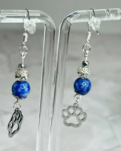 Primary image for Lapis Lazuli Paw Print Earrings – Blue Gemstone Dangles, Silver Tone