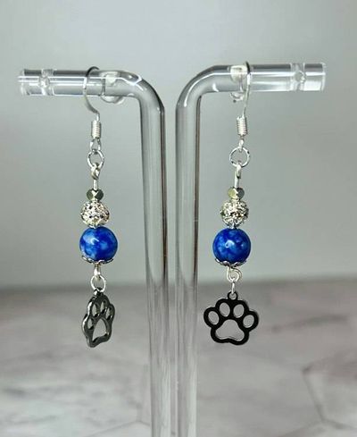 Alternate image for Lapis Lazuli Paw Print Earrings – Blue Gemstone Dangles, Silver Tone