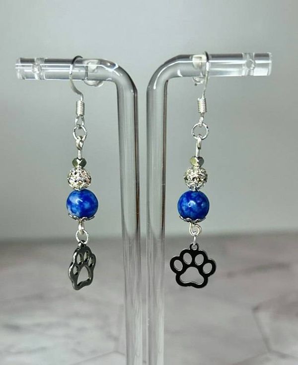 Alternate image for Lapis Lazuli Paw Print Earrings – Blue Gemstone Dangles, Silver Tone