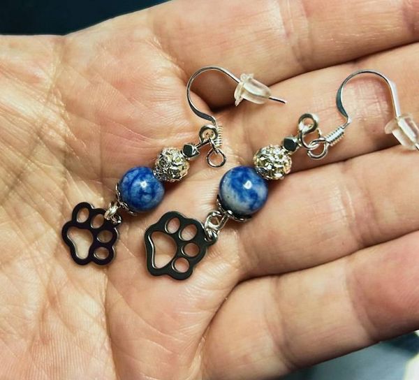 Alternate image for Lapis Lazuli Paw Print Earrings – Blue Gemstone Dangles, Silver Tone