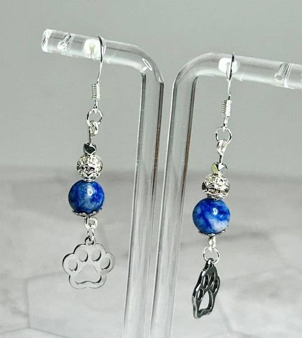 Alternate image for Lapis Lazuli Paw Print Earrings – Blue Gemstone Dangles, Silver Tone