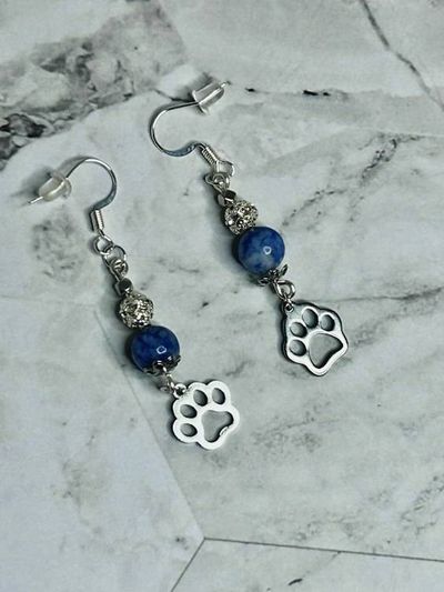 Alternate image for Lapis Lazuli Paw Print Earrings – Blue Gemstone Dangles, Silver Tone