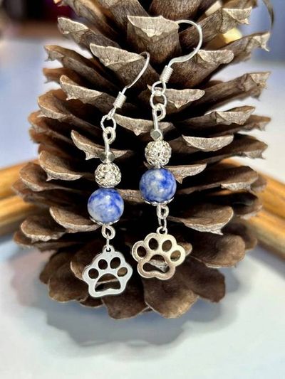 Alternate image for Lapis Lazuli Paw Print Earrings – Blue Gemstone Dangles, Silver Tone