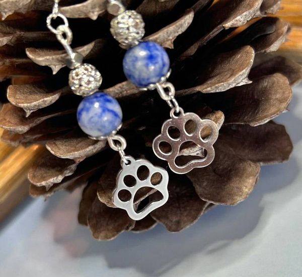 Alternate image for Lapis Lazuli Paw Print Earrings – Blue Gemstone Dangles, Silver Tone