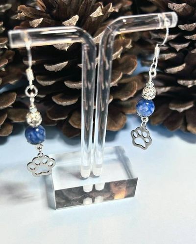 Alternate image for Lapis Lazuli Paw Print Earrings – Blue Gemstone Dangles, Silver Tone