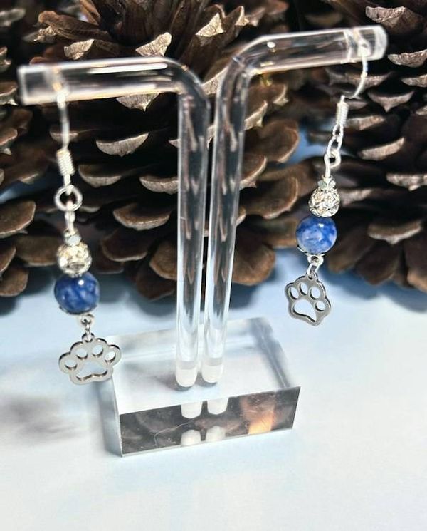 Alternate image for Lapis Lazuli Paw Print Earrings – Blue Gemstone Dangles, Silver Tone