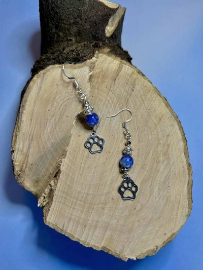 Alternate image for Lapis Lazuli Paw Print Earrings – Blue Gemstone Dangles, Silver Tone