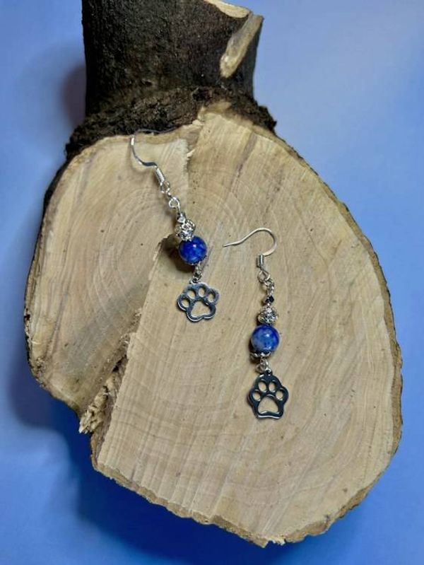 Alternate image for Lapis Lazuli Paw Print Earrings – Blue Gemstone Dangles, Silver Tone