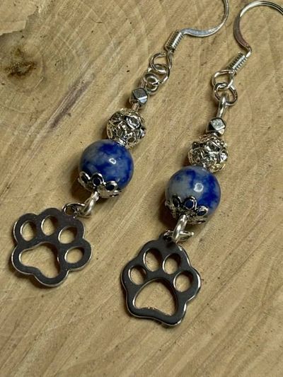 Alternate image for Lapis Lazuli Paw Print Earrings – Blue Gemstone Dangles, Silver Tone