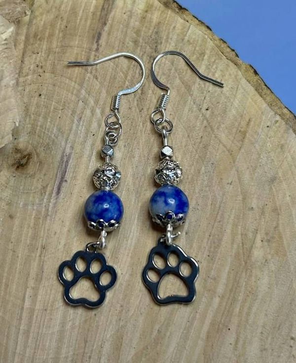 Alternate image for Lapis Lazuli Paw Print Earrings – Blue Gemstone Dangles, Silver Tone
