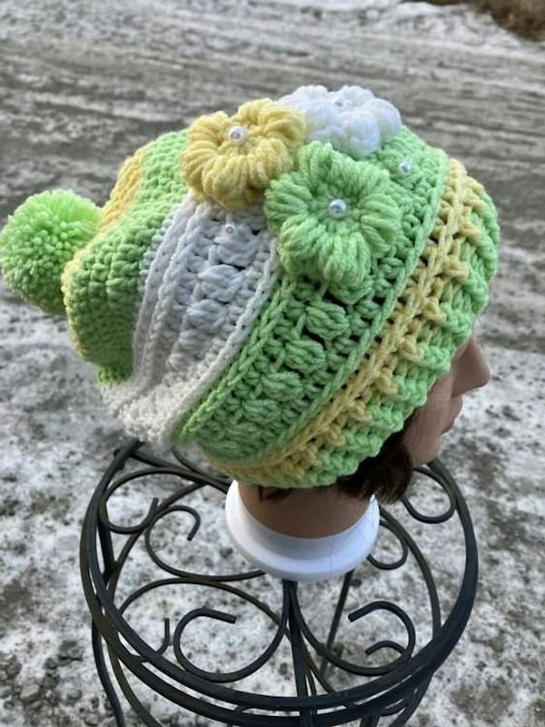 Image for Woman’s Flower Beanie Green Yellow and White