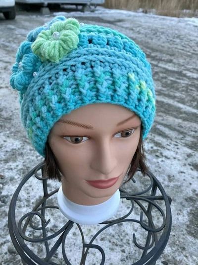 Alternate image for Woman’s Flower Beanie Aqua Blue and Green