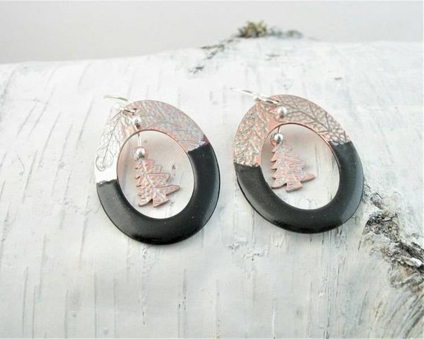 Alternate image for Black Enamel Hoop & Tree Dangle Earrings