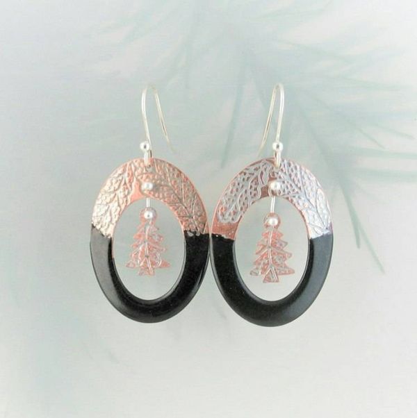 Alternate image for Black Enamel Hoop & Tree Dangle Earrings