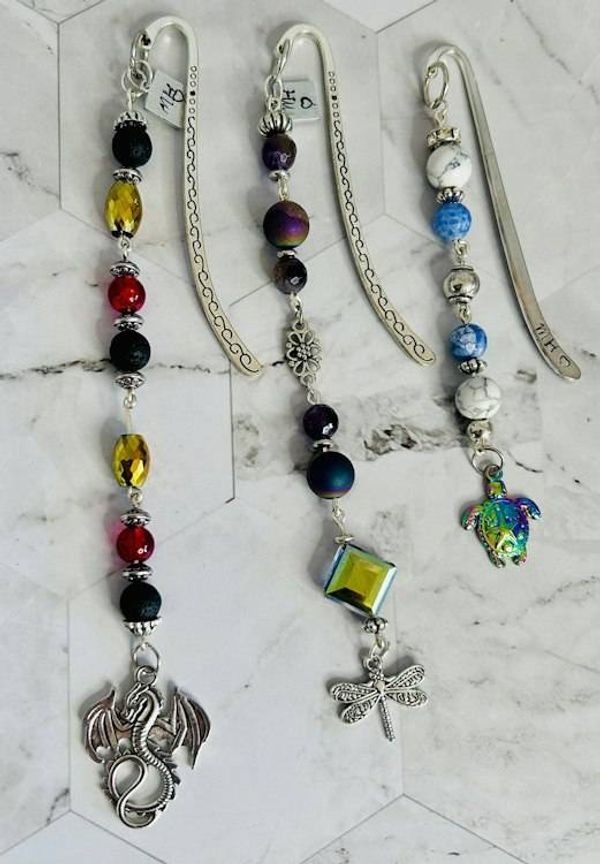 Alternate image for Beaded Metal Bookmark with Charm-Dragon, Dragonfly or Sea Turtle