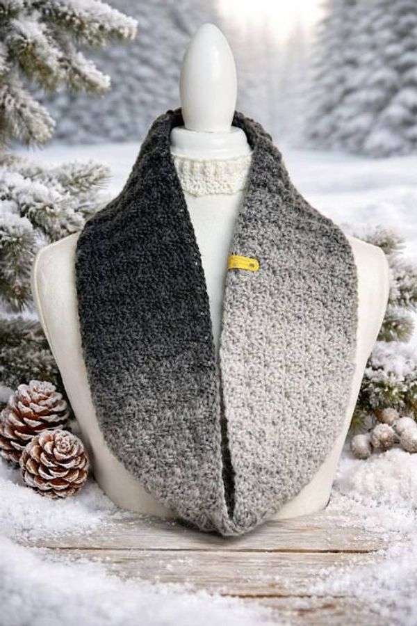 Alternate image for Gray Ombre Crocheted Cowl Scarf Soft Textured Acrylic Infinity Scarf