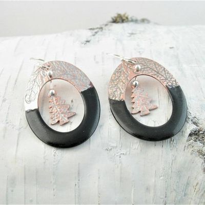 Primary image for Black Enamel Hoop & Tree Dangle Earrings