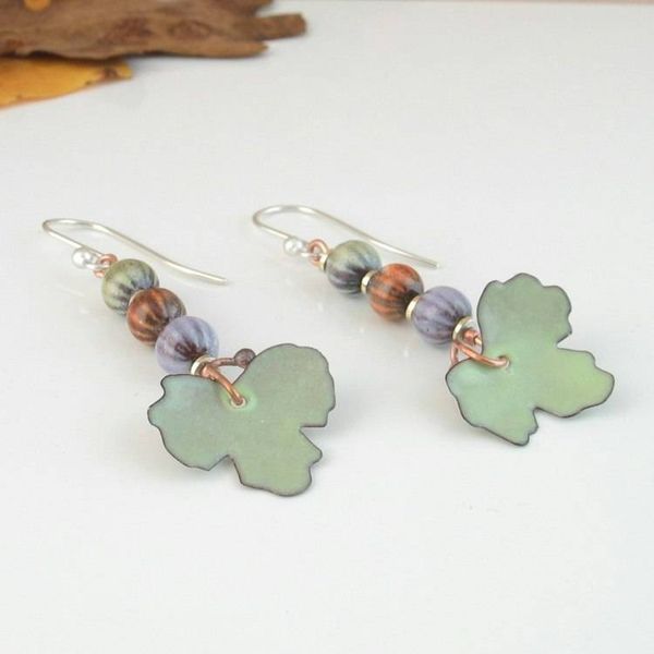Alternate image for Autumn Leaf Dangle Earrings in Pastel Copper Enamel Colors