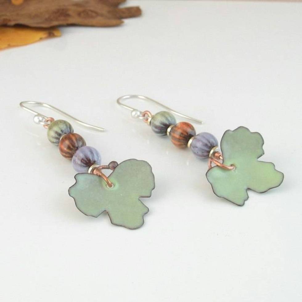 Autumn Leaf Dangle Earrings in Pastel Copper Enamel Colors