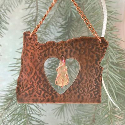 Primary image for Oregon Copper Holiday Ornament with Heart Cutout and Oregon Sunstone Charm