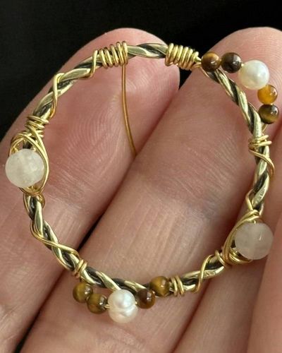 Alternate image for Wire Wrapped Twisted Hoop Boho Gemstone Earrings with Tigers Eye, Moonstone, and Freshwater Pearls