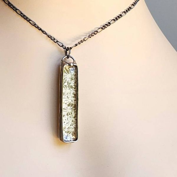 Alternate image for Queen Anne’s Lace Bar Necklace, Real Flower Pendant, 13th Anniversary Gift for Wife