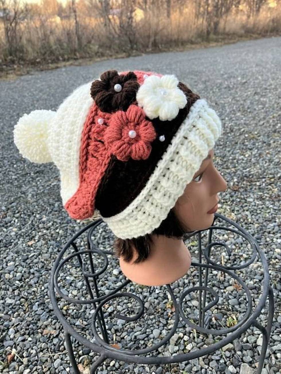 Woman’s Flower Beanie Cream, Brick and Brown