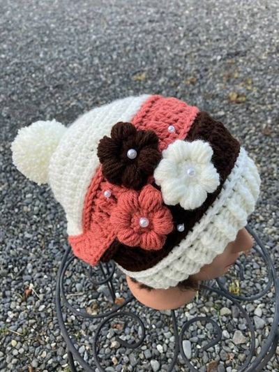 Alternate image for Woman’s Flower Beanie Cream, Brick and Brown