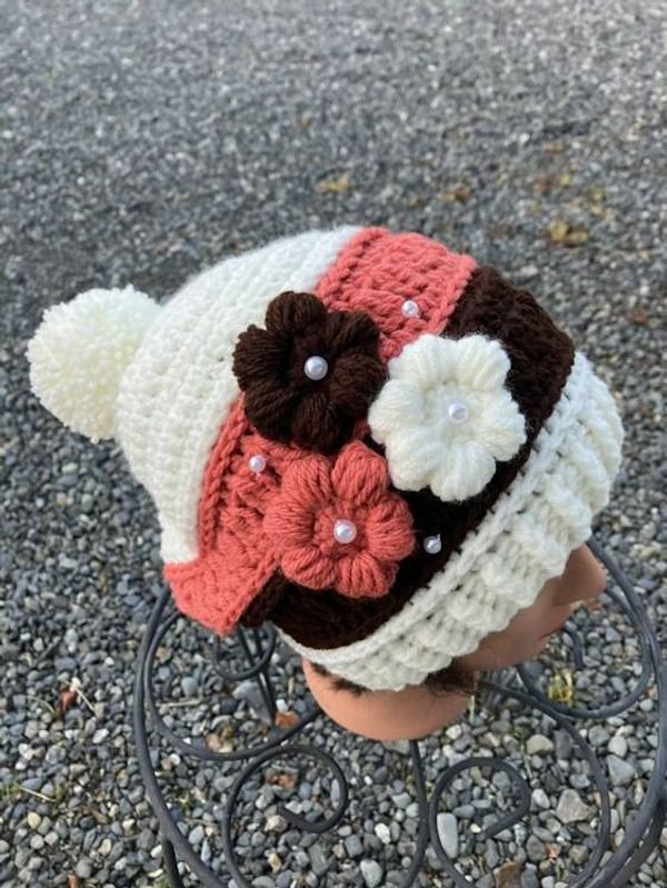 Alternate image for Woman’s Flower Beanie Cream, Brick and Brown