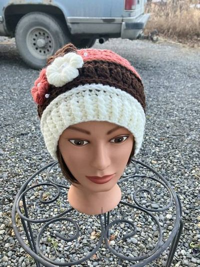 Alternate image for Woman’s Flower Beanie Cream, Brick and Brown