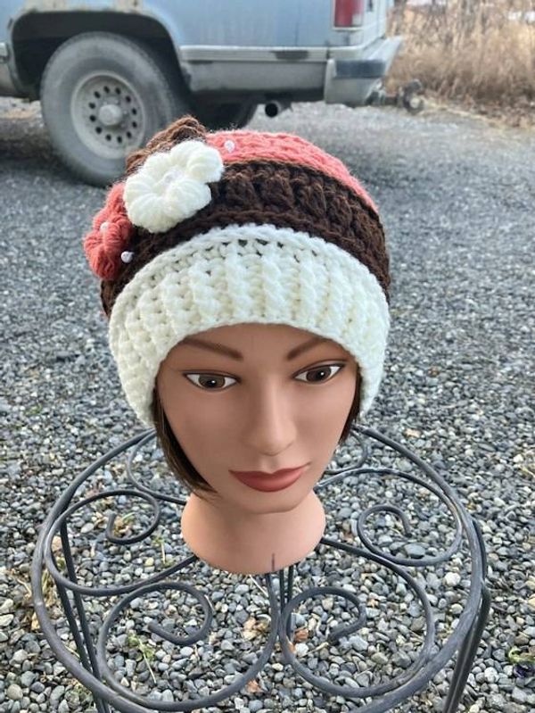 Alternate image for Woman’s Flower Beanie Cream, Brick and Brown
