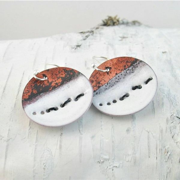 Alternate image for Wolves in Snow Abstract Copper Enamel Earrings