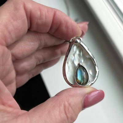 Primary image for Abalone Shell, Blue Flash Labradorite, Teardrop Pendant, Shiny Silver Finish, One Of A Kind