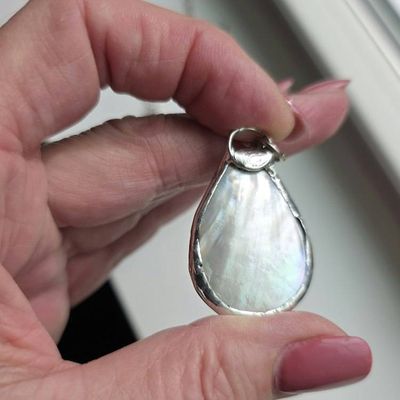 Alternate image for Abalone Shell, Blue Flash Labradorite, Teardrop Pendant, Shiny Silver Finish, One Of A Kind