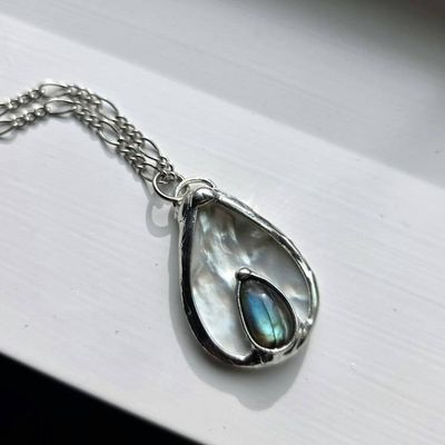 Alternate image for Abalone Shell, Blue Flash Labradorite, Teardrop Pendant, Shiny Silver Finish, One Of A Kind