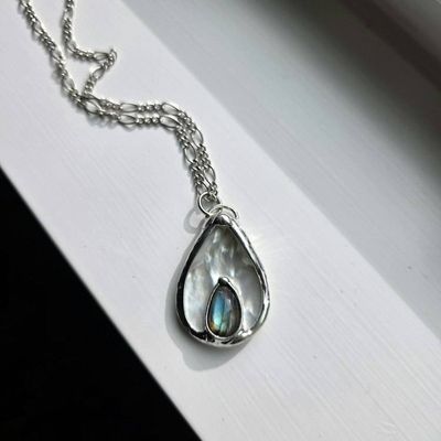 Alternate image for Abalone Shell, Blue Flash Labradorite, Teardrop Pendant, Shiny Silver Finish, One Of A Kind